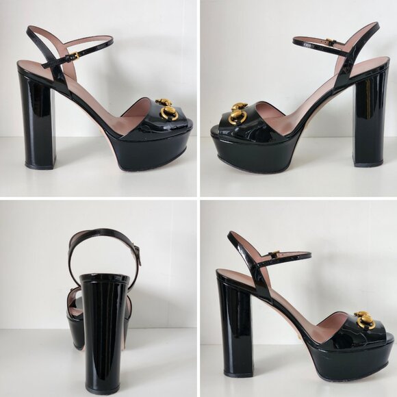 Gucci Claudie Black Patent Ankle Strap Platform Block Heels w Gold Horsebit - Picture 6 of 14